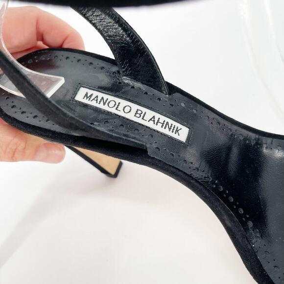 Manolo Blahnik Black Suede Hiebi 90 Shearling Strappy Sandal Heel size IT 37.5 - Picture 7 of 10